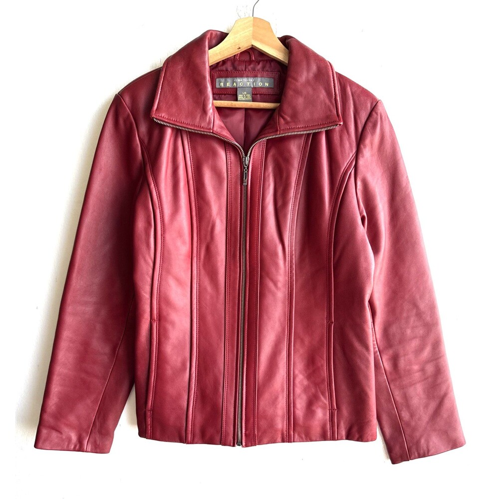 Kenneth Cole Reaction Jacket Womens L Red Genuine Leather Full Zip Moto Biker